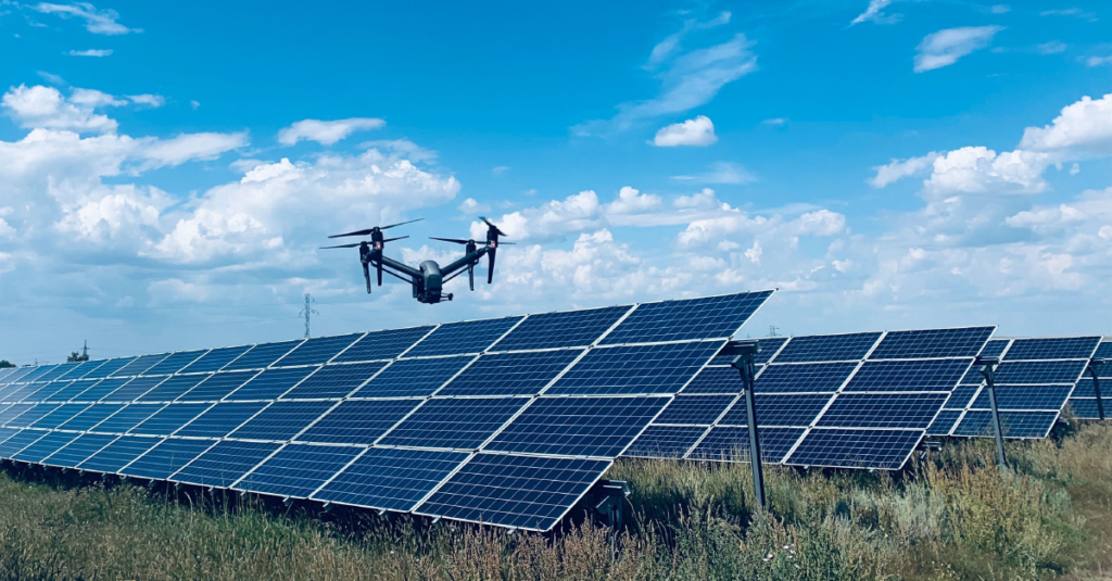 Drone inspecting solar plant
