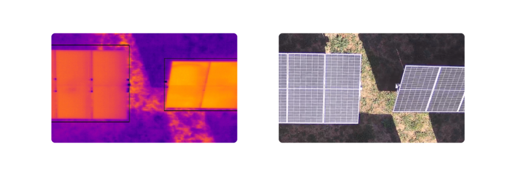 This image shows a row of solar panels in RGB and thermal imagery. The panels on the right are at a different angle to the panels on the left. 