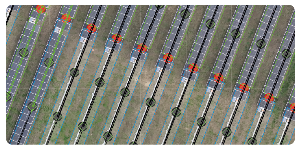 This example shows aerial imagery of a solar plant tracking system in construction. As you can see, just the imagery alone gives insights into progress and alignment with the design. Construction Management Software adds more value with measuring and annotation tools.